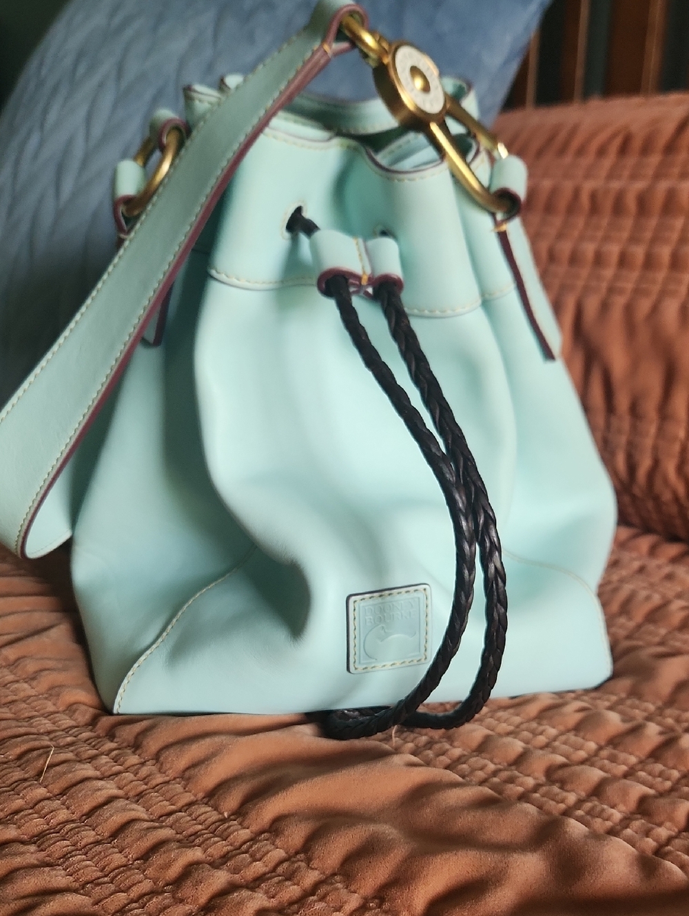 Dooney And Bourke Florentin Hattie Pale Blue Leather Drawstring Bucket Bag
